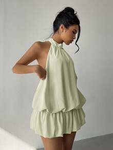Aloruh Women's Simple Solid Color Halter Backless Bubble Hem Mini Dress, Summer - Green - View 3