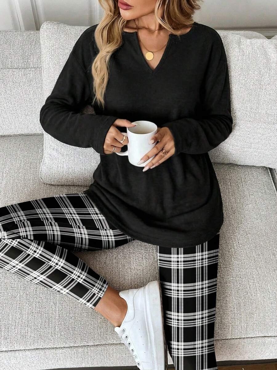 SHEIN LUNE 2pcs/Set Women's Long Sleeve T-Shirt And Leggings, Plaid Print, Suitable For Autumn/Winter, Black & White - Multicolor - View 1