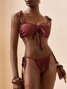 Zivah Nouveau bikini élégant et décontracté pour les vacances à la plage, avec nœud réglable et perles, rouge foncé et marron - Tabac - Voir 5