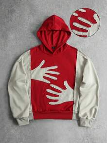 ROMWE MEN Men's Contrast Color Embroidered Hoodie, Loose Fit - Red - View 1