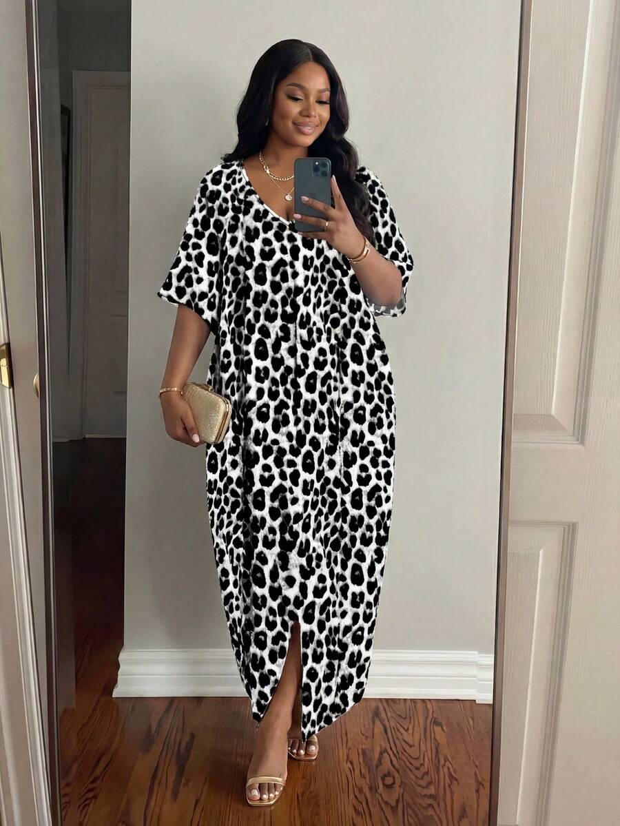 SHEIN Lady CURVE  Plus Size V-Neck Long Sleeve Solid Color Patchwork Loose Casual Dress Robe Halloween Clothes Halloween Clothes Leopard Print - Grey - View 1