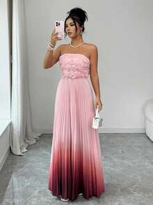 SHEIN Elenzya Elegant Romantic Gradient Color Floral Mesh Fabric Ruched A-Line Sleeveless Dress, Suitable For Parties And Light Formal Occasions - Multicolor - View 1