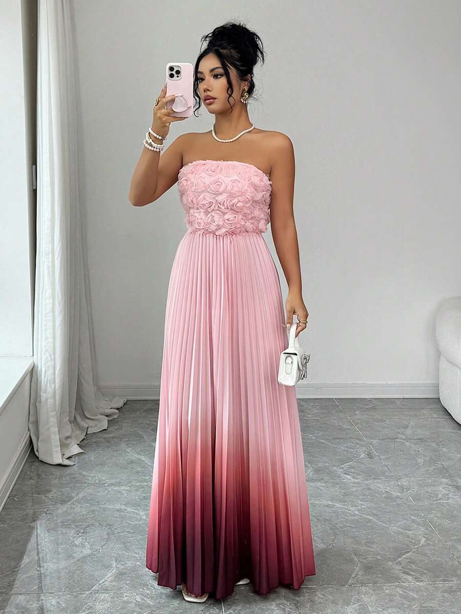 SHEIN Elenzya Elegant Romantic Gradient Color Floral Mesh Fabric Ruched A-Line Sleeveless Dress, Suitable For Parties And Light Formal Occasions - Multicolor - View 1
