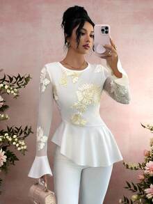 SHEIN Raffinéa Women's Elegant And Romantic Autumn Top With Patchwork Jacquard Floral Pattern, Asymmetric Hem, And Flared Sleeves, Perfect For Dates And Outings. - Apricot - View 1