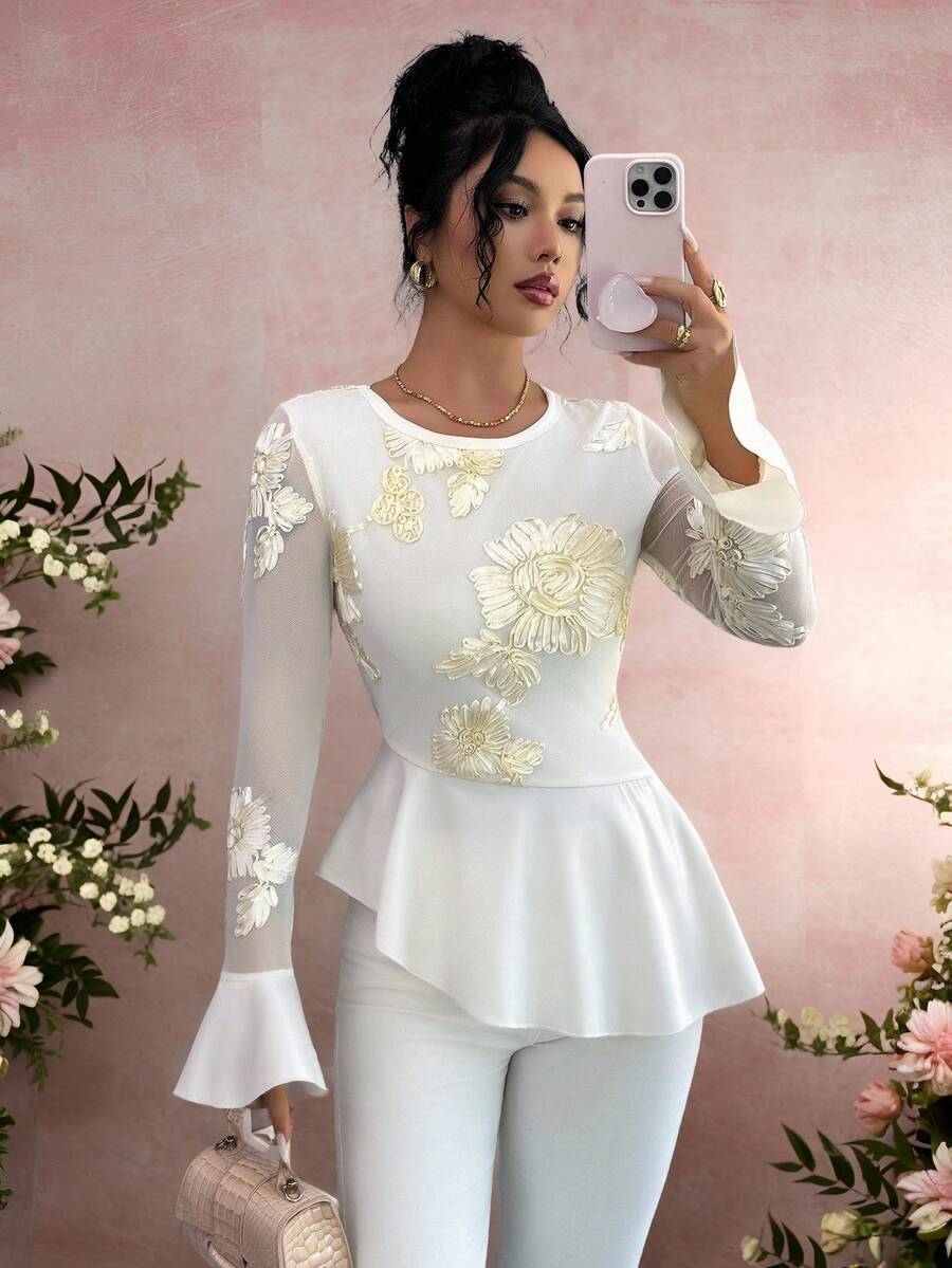 SHEIN Raffinéa Women's Elegant And Romantic Autumn Top With Patchwork Jacquard Floral Pattern, Asymmetric Hem, And Flared Sleeves, Perfect For Dates And Outings. - Apricot - View 1