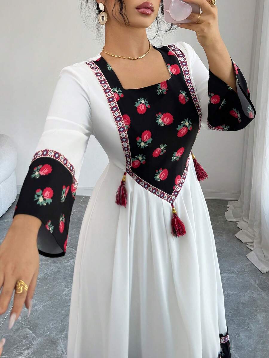 Yasmyna 女士休闲拼接花卉印花方领流苏装饰阿拉伯风格连衣裙,秋季 - 彩色 - 查看 1