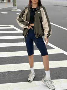 SHEIN EZwear 秋冬季撞色拼接插肩袖抽绳下摆拉链外套 - 軍綠色 - 查看 5