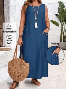 EMERY ROSE Plus Size Summer Casual Solid Color Sleeveless Dress With Dual Pockets, Breathable & Soft/Spring/Vacation - Blue - View 1