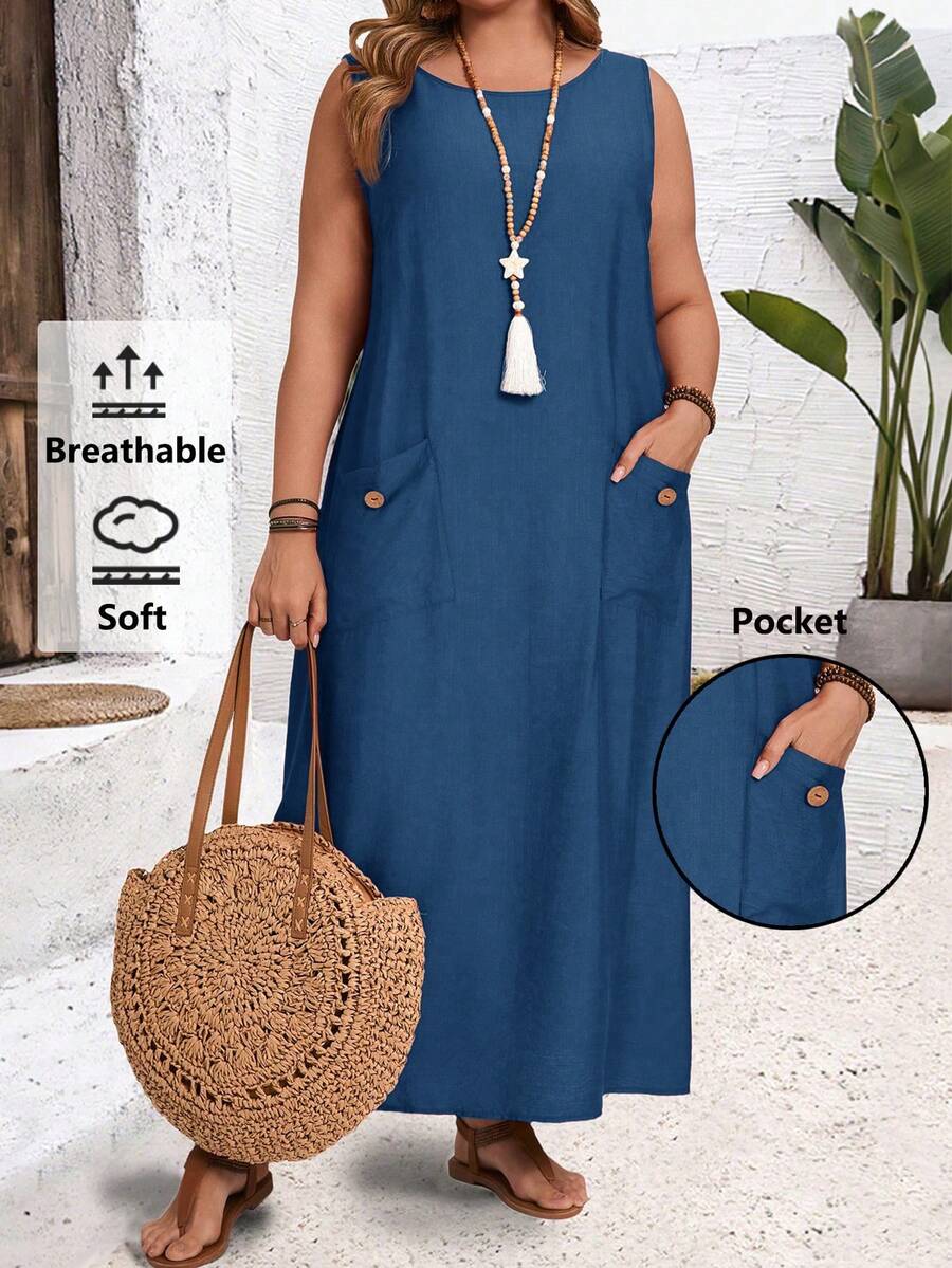 EMERY ROSE Plus Size Summer Casual Solid Color Sleeveless Dress With Dual Pockets, Breathable & Soft/Spring/Vacation - Blue - View 1