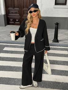 Modelyn Women's High-Quality Contrast Color Knit Cardigan Jacket And Casual Pants Winter Suit - Black - View 6