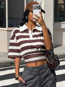Muchica Áo thun nữ tay ngắn cổ polo kẻ sọc nâu mới, kiểu dáng thời trang, thích hợp đi chơi, phong cách đường phố, Y2K. - Nhiều màu - Xem 4