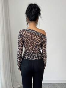 Elenzga Áo thun nữ dài tay in họa tiết tie-dye họa tiết nhún bèo vai thời trang mùa thu 25-30+ - màu nâu - Xem 2