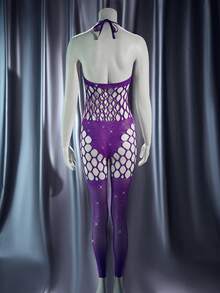 SHEIN 1件装女士性感镂空网纱露背连体衣，饰有水钻 - 紫色 - 查看 9