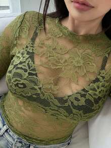 SHEIN Tall 大码女式性感透视蕾丝长袖圆领休闲修身高弹力上衣，春秋季 - 橄欖綠 - 查看 4