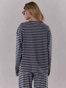 MUSERA 条纹落肩宽松长袖纽扣领上衣，可爱酷女孩舒适秋季日常清新女孩休闲田园风复古奶油糖色优雅春夏 - 藏蓝色 - 查看 3