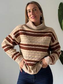 Vivie Lora Women's Off Shoulder Striped Loose Knit Sweater - Khaki - View 4