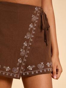 Travachic Vacation Woven Cashew Print Asymmetric Hem Skirt Pants For Women Beach Cover Up Skirt - Brown - View 3