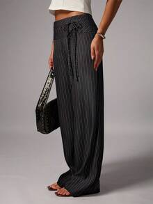 Avenya Striped Low Waist Wide Leg Floor Length Pants With Dual Waist Tie Decoration