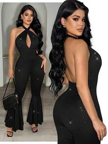 SHEIN SXY 女士纯色时尚亮面镂空无袖连体裤 - 黑色 - 查看 6