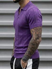 Camiseta para hombre tipo polo retro tejido a rayas suelta manga corta primavera verano uso diario camiseta - Púrpura marino - Ver 2