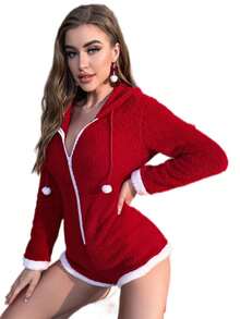 拉链抽绳连帽法兰绒舒适冬季家居连体衣，蓬松柔软 - 紅色 - 查看 1