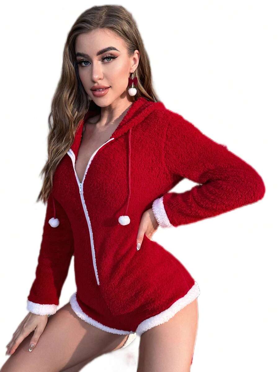 拉链抽绳连帽法兰绒舒适冬季家居连体衣，蓬松柔软 - 紅色 - 查看 1