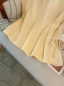 GlowEve CURVE Woven Satin Drawstring Fitted Crew Neck Shirt - Champagne - View 7