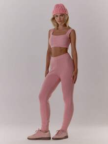 MUSERA Soft Pink Ribbed Knit Square Neck Bralet High Waist Elasticated Legging Co-Ord Set,Summer Casual Lounge Streetwear Elegant Evening Party Valentines - Pink - View 5