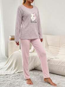 EURMUSE 100%Cotton Embroidery Cartoon & Letter Pattern Striped Lounge Set - Multicolor - View 3