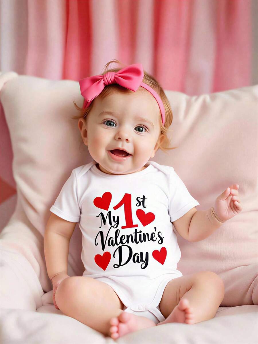 SHEIN Baby Girl Short Sleeve Letter Print Casual Bodysuit - White - View 1