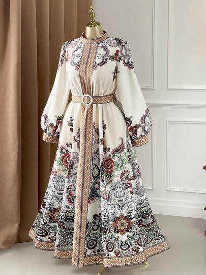 Rometta Plus Size Women Vintage Elegant Floral Print Long Sleeve Belted Waist Slimming Maxi Dress, Bohemian Print Tie Waist Long Collar Floral Maxi Dress, Autumn/Winter New Floral Print Waist Cinched Long Dress, Suitable For Vacation, Beach, Summer Garden Party Or Picnic