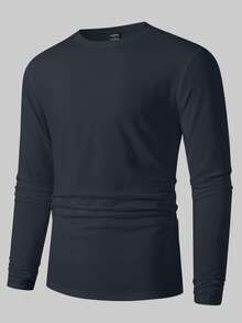 Manfinity Homme 男士纯色简约休闲圆领长袖T恤 - 深灰色 - 查看 3