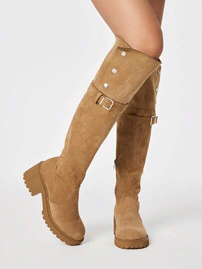 Women's Fashion Versatile Commuter Buckle Thick Heel Over-The-Knee Boots