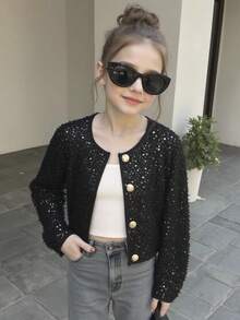 SHEIN Tween Girls Casual Elegant Long Sleeve Solid Black Sequin Jacket Girls Sequin Jacket Girls Black Jacket Girls Elegant Sequin Jacket Girls Jacket Kids Sequin Jacket Girl Clothes Autumn And Winter Clothes Girl Jacket Girls Sequin Embellished Jacket Tween Girl Elegant Sequin Embellished Kids Black Jacket Black Blazer For Girls - Black - View 9