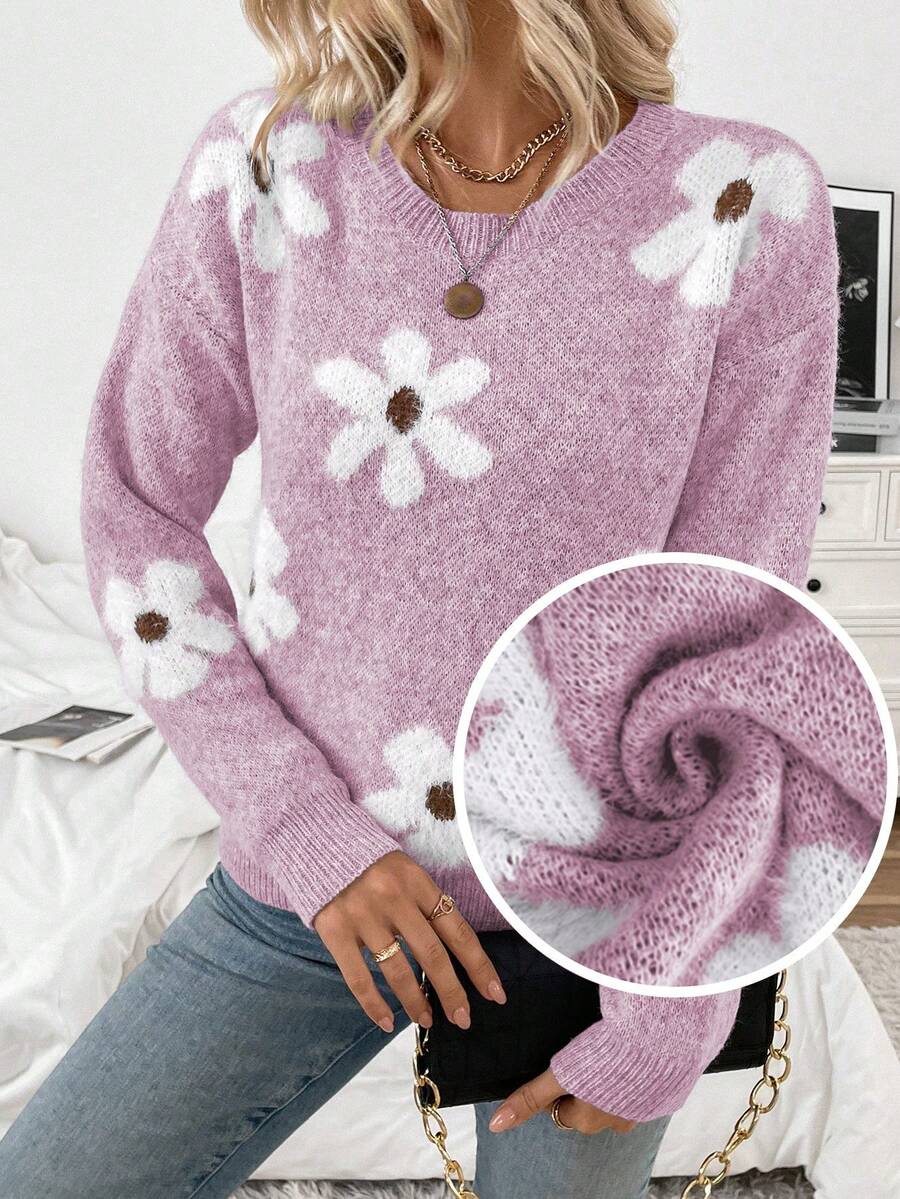 SHEIN LUNE Damen Lässiger Flauschiger Blumen Muster Rundhals Drop-Shoulder Langarm Strick Pullover Sweater, Herbst/Winter - Lila - Übersicht 1