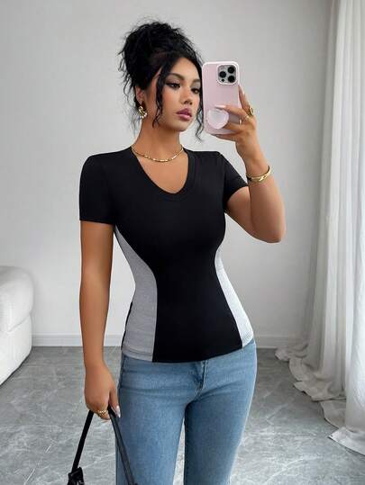 Elenzga Camiseta de mujer de corte ceñido, cuello en V, con bloqueo de color y cintura ajustada, de estilo elegante y casual