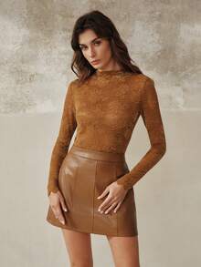 Anewsta High Quality Fashion Women's Embroidered Pleated Textured Mock Neck Long Sleeve Top - Brown - View 6