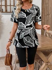 EMERY ROSE 女士休闲植物印花上衣和打底裤两件套 - 黑色 - 查看 4