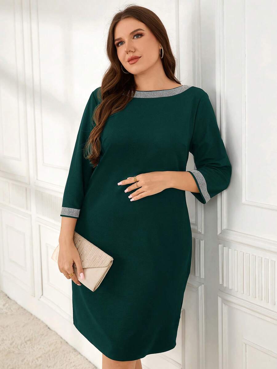 EMERY ROSE Plus Size Simple Daily Wear Round Neck Long Sleeve Dress - Dark Green - View 1