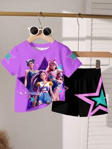 SHEIN 2件套KPOP女团图案数码印花T恤和黑色短裤套装，时尚休闲百搭，适合女孩 - 彩色 - 查看 2