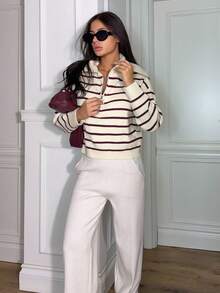 Ronhire Casual Striped Long Sleeve Half-Zip Pullover Fall - Burgundy - View 1