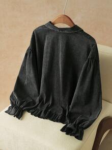 SHEIN Elaquor 大码女式纯色前开襟纽扣褶裥休闲长袖黑色衬衫，泡泡袖上衣，女士休闲装 - 黑色 - 查看 2