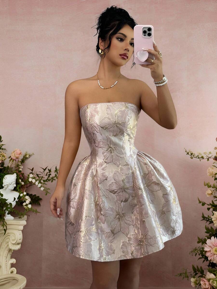 SHEIN Raffinéa Váy xòe bồng bềnh satin jacquard thời trang xuân/thu dành cho nữ, váy ngắn ngọt ngào và gợi cảm cho các buổi hẹn hò, tiệc tùng, ngày lễ - Màu Hồng baby - Xem 1