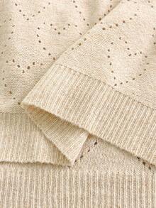 Elenzga 大码女式休闲宽松镂空圆领落肩针织套头毛衣，适合日常穿着，春秋季 - 杏色 - 查看 3