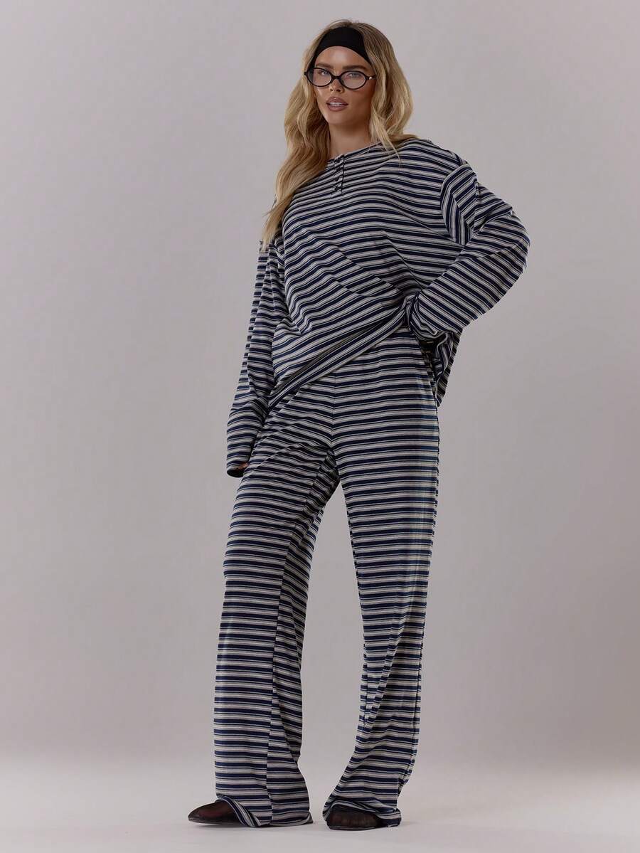 MUSERA Quần ống rộng kẻ sọc thắt eo, dễ thương, cá tính, thoải mái, thường ngày, sạch sẽ, phong cách đồng quê, quý tộc cổ điển, màu caramel, mùa xuân, phong cách Y2K, mùa hè. - Màu xanh hải quân - Xem 1