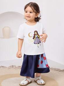 女婴肖像印花圆领短袖T恤和碎花裙套装 - 藍色 - 查看 3