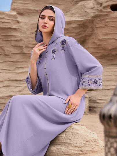 Al Najma Modest Embroidered Light Blue Women's Arabic Traditional Long Dress, Turkish Maxi Dress Kaftan Jalabiya Dress Arabic Dress Muslim Clothes For Women Embroidered Dresses For Women