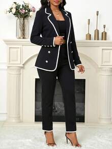 SHEIN Lady Women's Casual/Work Contrast Trim Notched Collar Double Breasted Blazer Jacket, Autumn - Black and White - View 3