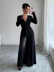 SHEIN PETITE 女士复古、街头、北欧、颓废、韩式风格穿搭，适合约会、工作、办公室、感恩节、优雅派对等场合。黑色中长款纽扣开衫毛衣 - 黑色 - 查看 1