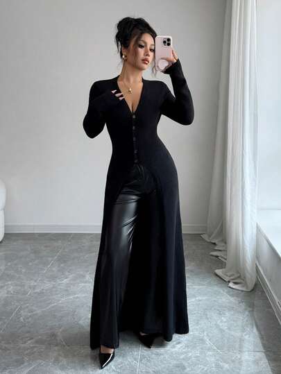 SHEIN PETITE Damkläder i vintage-, streetwear-, skandinavisk, grunge- och koreansk stil för dejter, arbete, kontor, Thanksgiving och eleganta fester. Svart kofta med knappar, medellång look.